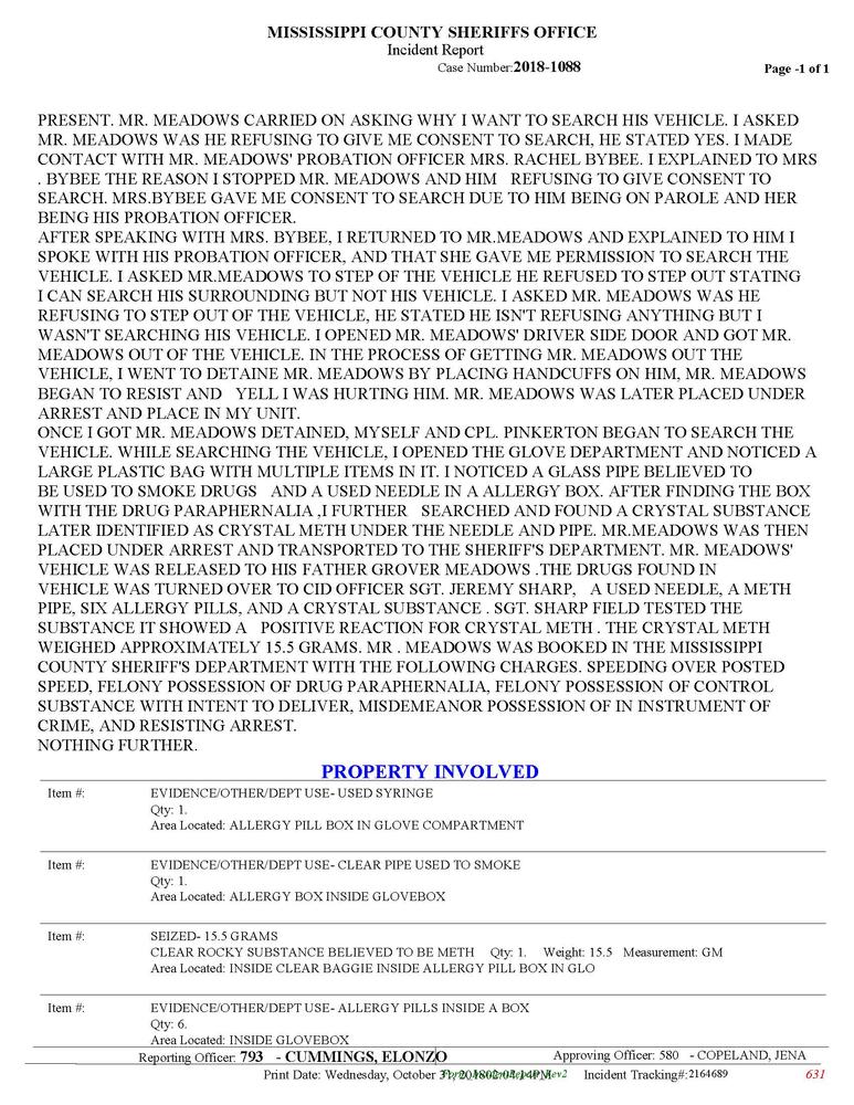 Photo of page two of incident report for Thomas Meadows. 