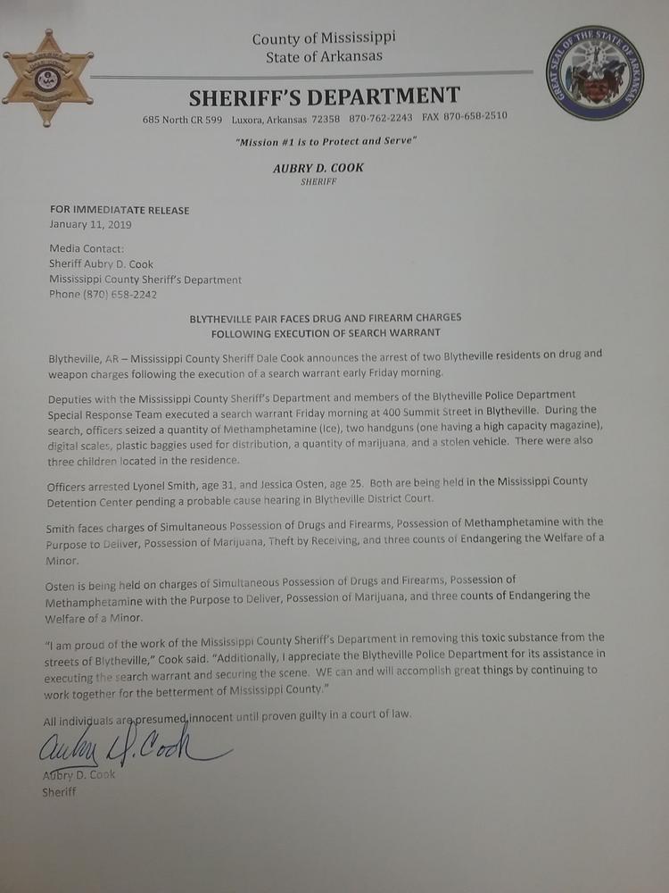 Press release by Sheriff Cook.